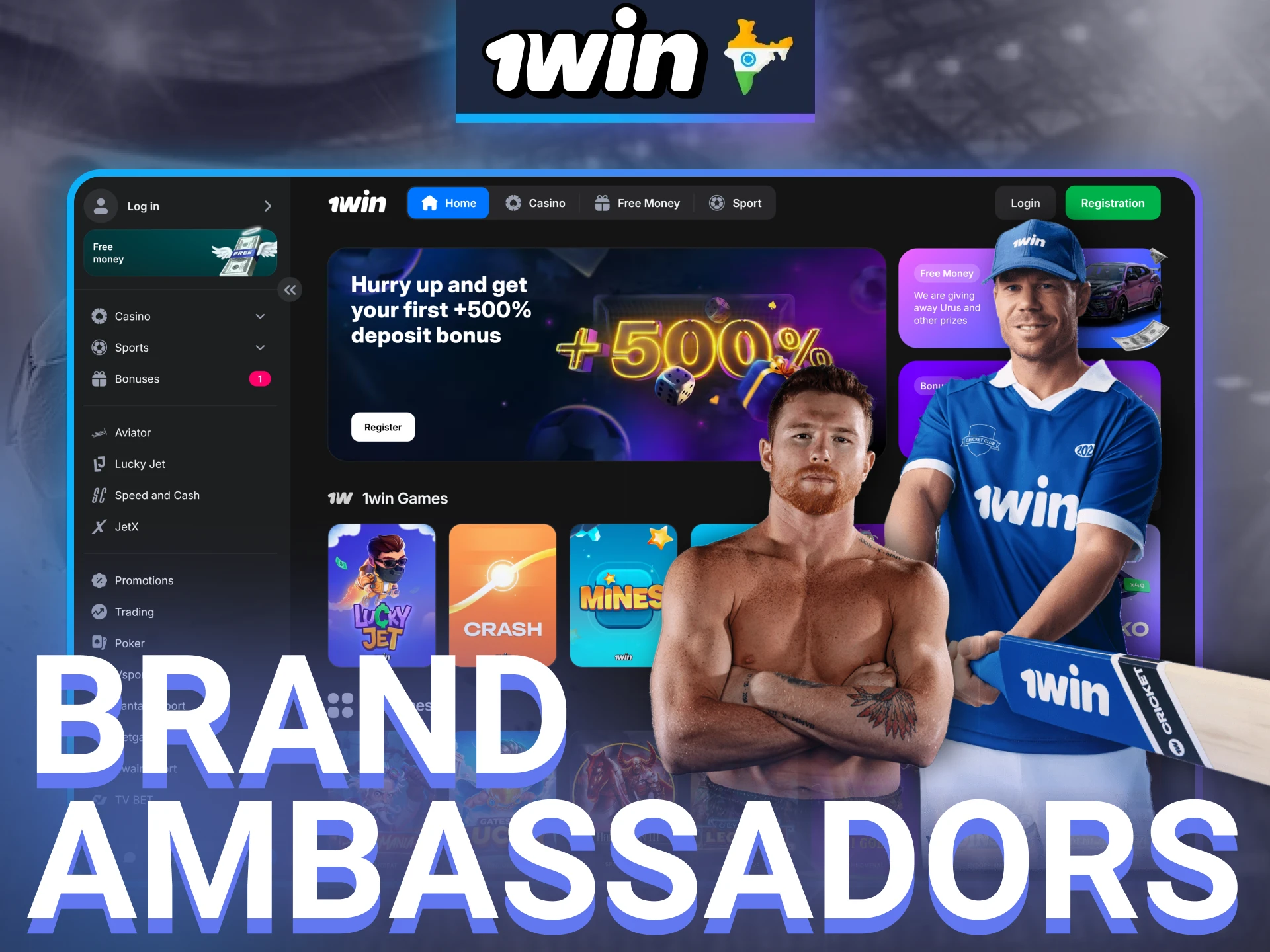 Famous cricketer David Warner and boxing star Canelo Álvarez are the official brand ambassadors of 1win.