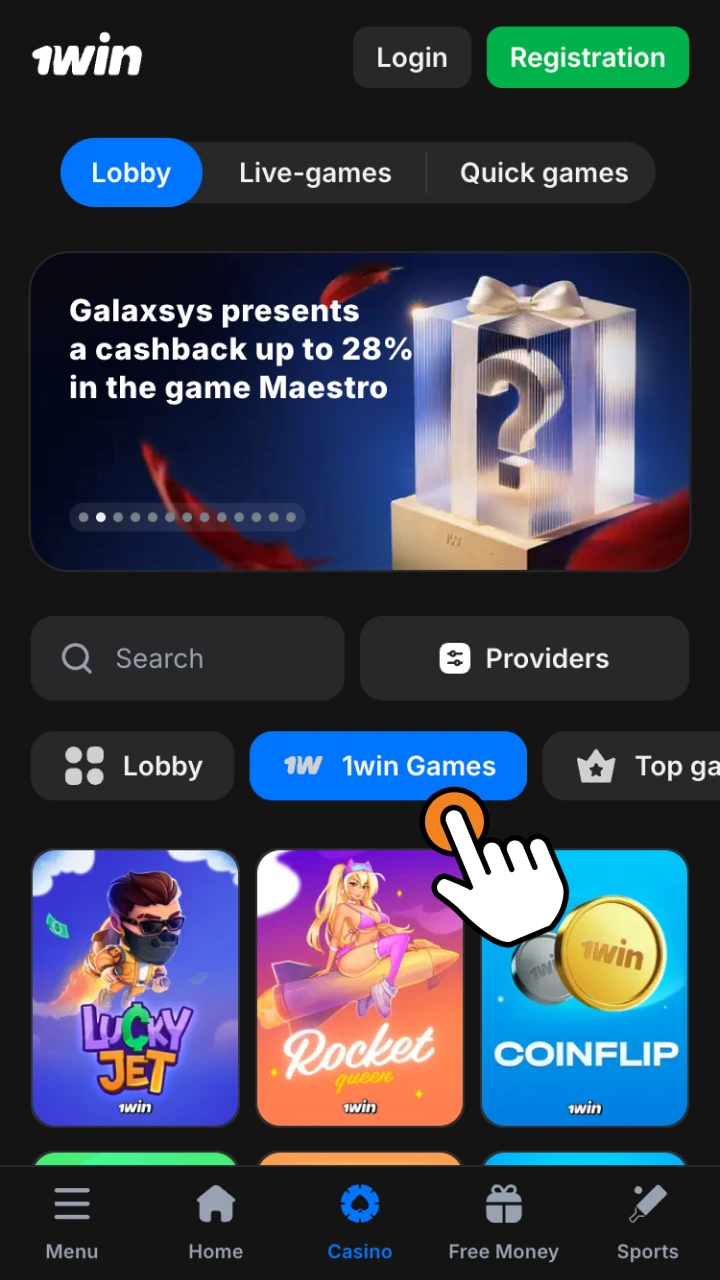 Find the Royal Mines game at 1win Casino section.