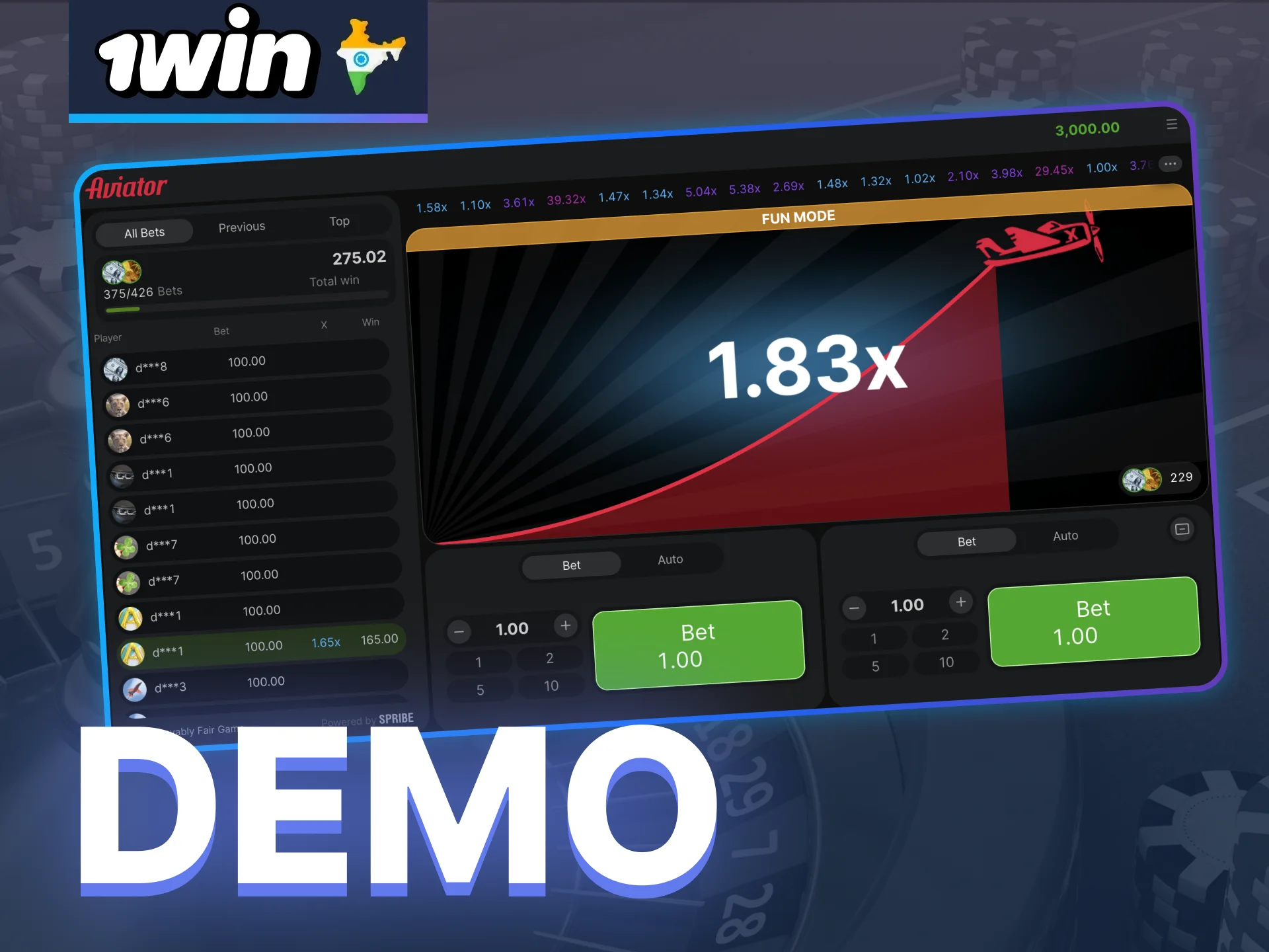 Choose the Aviator demo mode at 1win to try playing the game without risk.